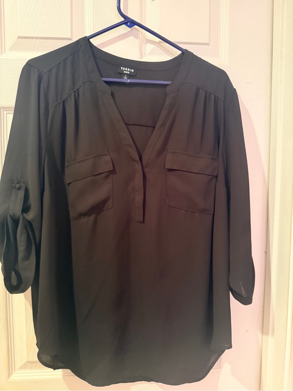 torrid Black Split-Neck Roll-Tab Blouse